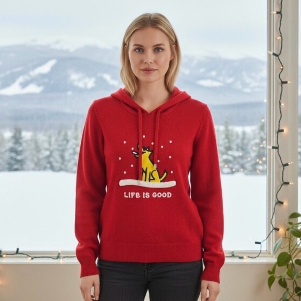 Life is Good Women's Red Hoodie Sweater with snow dog